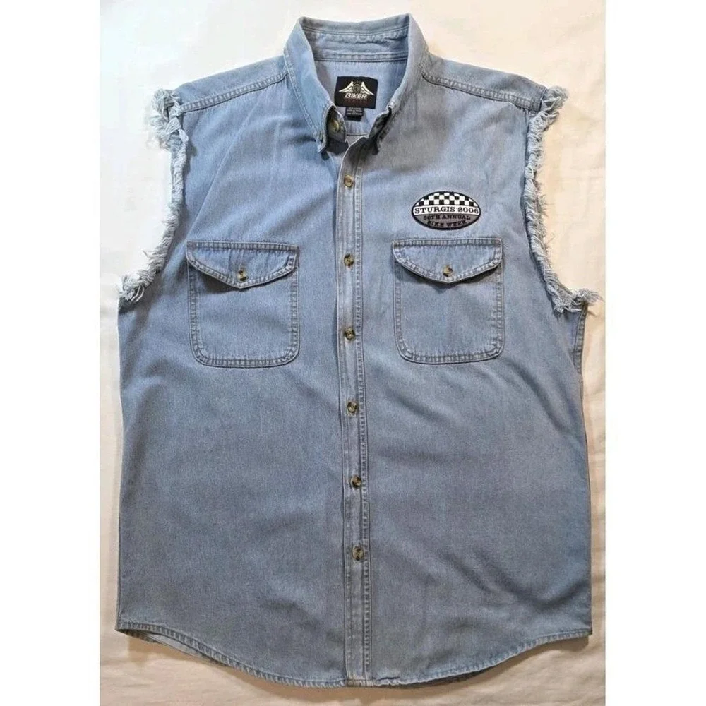 USA Biker Design Mens XL Sturgis 2006‎ 66th Annual Bike Week Frayed Denim Shirt